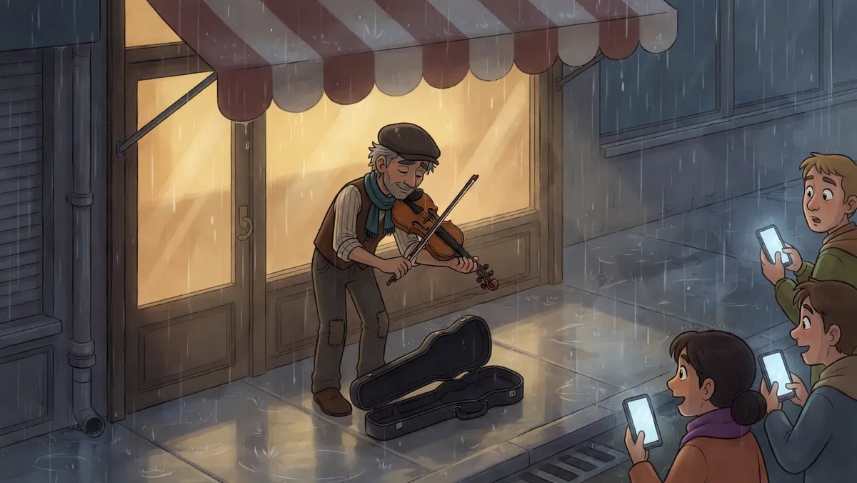 A violin under the next awning